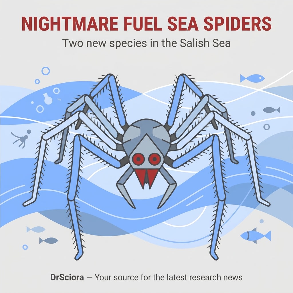 DrSciora's tweet photo. Two new sea spider species just surfaced in the Salish Sea — the first formally described there in ~100 years. Hairy legs, red eyes, and one covered in parasites: pure nightmare fuel. 🕷️🌊

#MarineBiology #Biodiversity #NewSpecies https://t.co/KkshHrk8JP