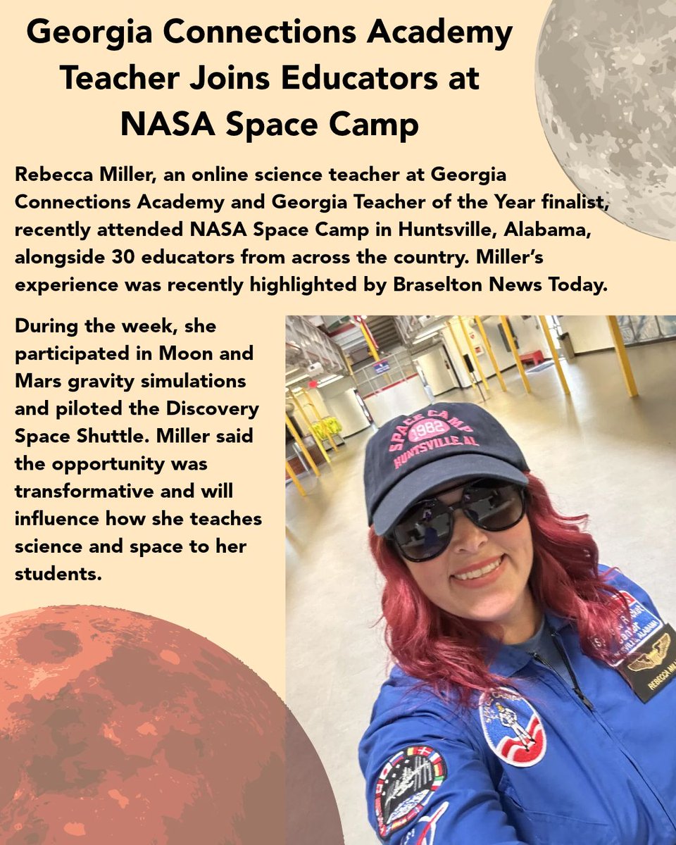 GACharters's tweet photo. Rebecca Miller, an online science teacher at @ConnectionsGa and Georgia Teacher of the Year finalist, recently attended NASA Space Camp in Huntsville, Alabama, alongside 30 educators from across the country. Miller’s experience was recently highlighted by Braselton News Today. https://t.co/jYdvSl4QMm