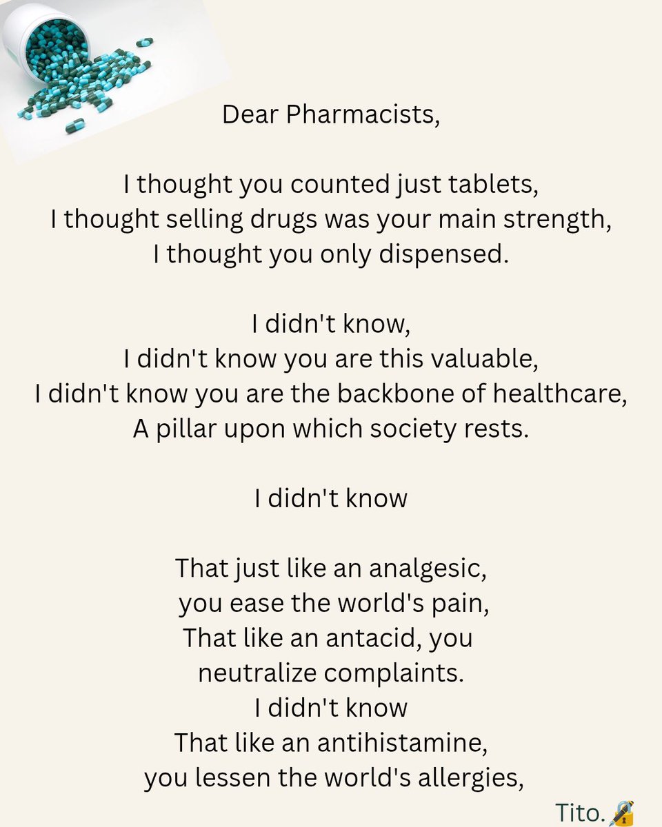 SheIsTito08's tweet photo. Funny how the course I chose out of curiosity became something I genuinely love. 

Happy World Pharmacists' Day!

Have a read of the poem attached.❤️ https://t.co/E6n8DfLq0Z