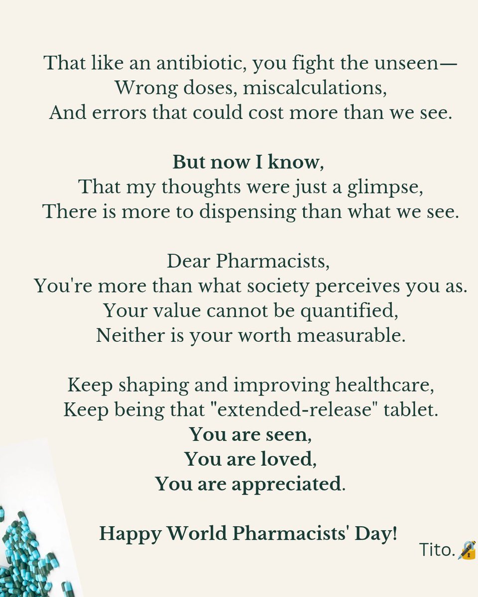 SheIsTito08's tweet photo. Funny how the course I chose out of curiosity became something I genuinely love. 

Happy World Pharmacists' Day!

Have a read of the poem attached.❤️ https://t.co/E6n8DfLq0Z