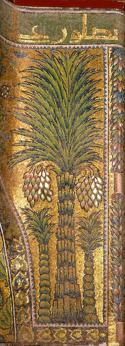 AlMaqamat_'s tweet photo. The palm-trees on the interior mosaics of the Dome of the Rock are in reference to: “And shake toward yourself the trunk of the palm tree; it will drop upon you ripe, fresh dates.” 
وَهُزِّي إِلَيْكِ بِجِذْعِ النَّخْلَةِ تُسَاقِطْ عَلَيْكِ رُطَبًا جَنِيًّا https://t.co/S4aoIajcnj