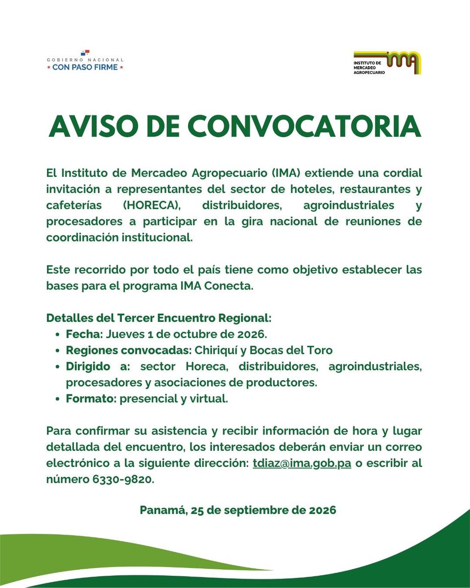 IMA_Pma's tweet photo. El IMA extiende una cordial invitación a representantes del sector de hoteles, restaurantes y cafeterías (HORECA), distribuidores, agroindustriales y procesadores a participar en la gira nacional de reuniones de coordinación institucional.
#ConPasoFirme https://t.co/NyJDFW2GaK
