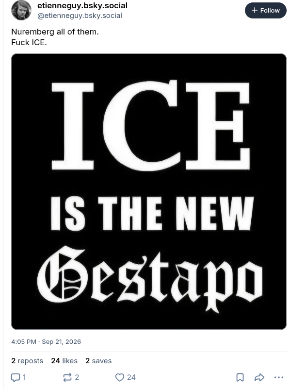 libs_talking's tweet photo. Look at this. "Nuremberg all of them. Fuck ICE."

Gestapo graphic included. Short. Shareable. Midterm feed. https://t.co/JlhM0K7hWe