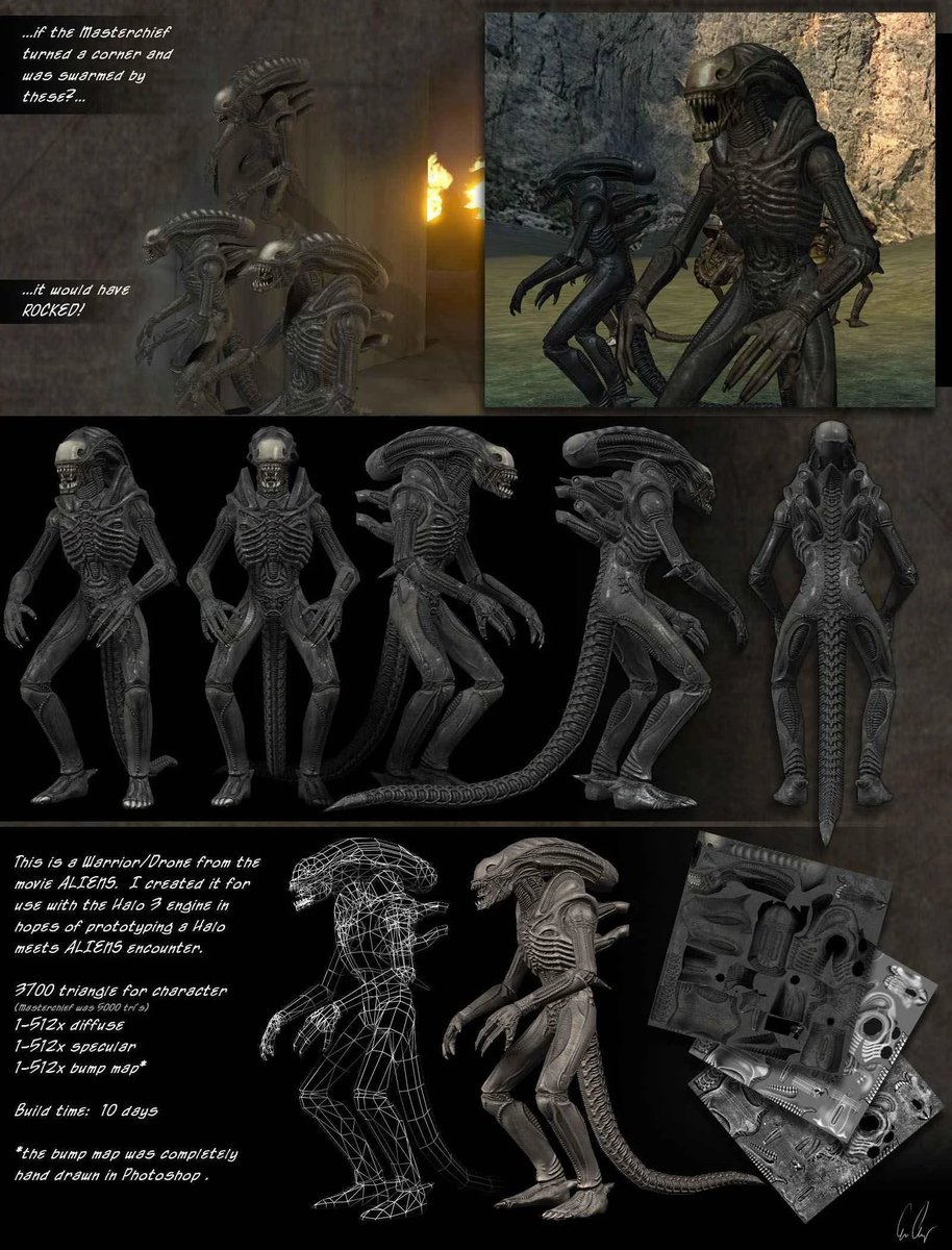 AVPAlo's tweet photo. Happy 19th Birthday Halo 3 -- Did you know the Xenomorph is tied to the development history of Halo 3? 

Bungie artist Eric Arroyo had created and coded a fully functional Xenomorph in Halo 3’s engine. Why? who cares. ALIENS !!!!! https://t.co/loup05rLgO