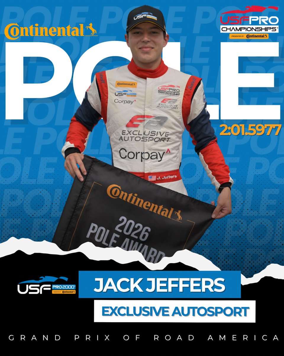 USFPro2000's tweet photo. Pole position belongs to Jack Jeffers! Congratulations to Jack and Exclusive Autosport here at Road America. 👏

#USFPro #INDYCAR #Motorsports  #Continentaltire https://t.co/07wM84iCIX