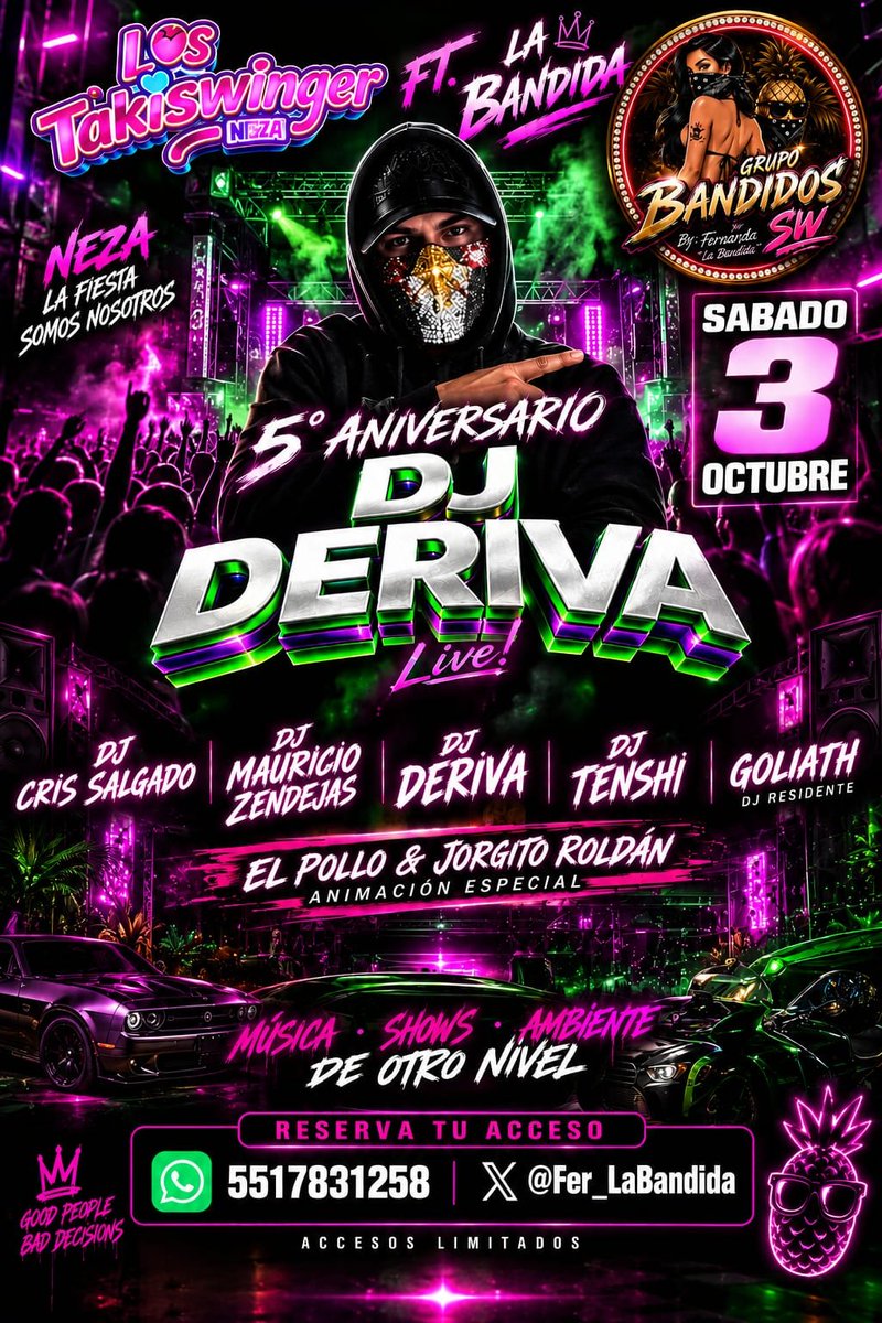 Fer_LaBandida's tweet photo. 🔥 Este 3 de octubre la fiesta se vive en grande. 🔥
🎉 Celebremos juntos el 5° Aniversario de DJ Deriva en una noche llena de música, shows, invitados y un ambiente de otro nivel.
⚠️ Accesos limitados y reservación obligatoria. 📲 Reserva conmigo: Fer "La Bandida" por MD. 🔥 https://t.co/jQZgb1omnR