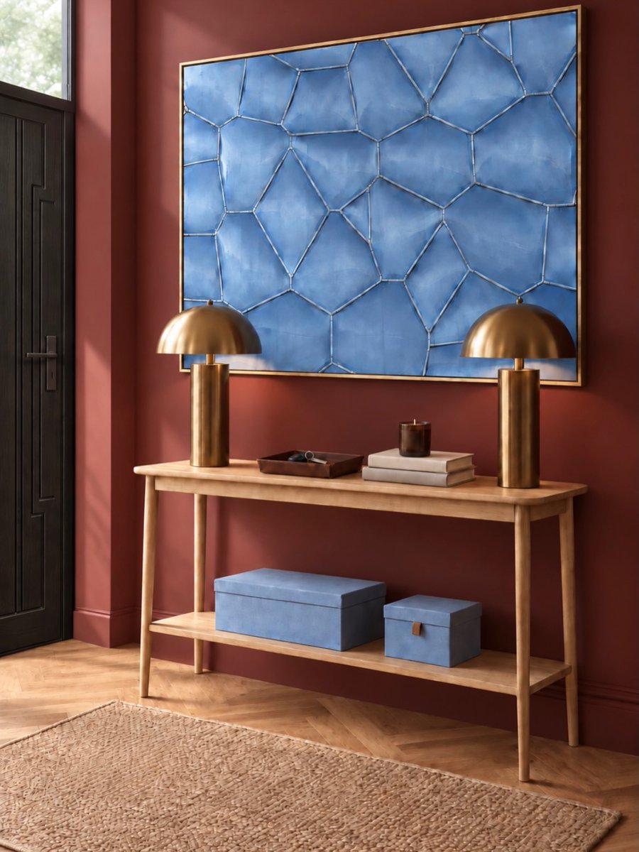 MarionFora5eoe's tweet photo. Same hallway, completely different experience. No structural changes—just colour, contrast and personality. A deep burgundy wall adds warmth and depth, while pastel-blue artwork, light wood, brass and natural sisal create balance and softness. https://t.co/ZCaofNzIhN