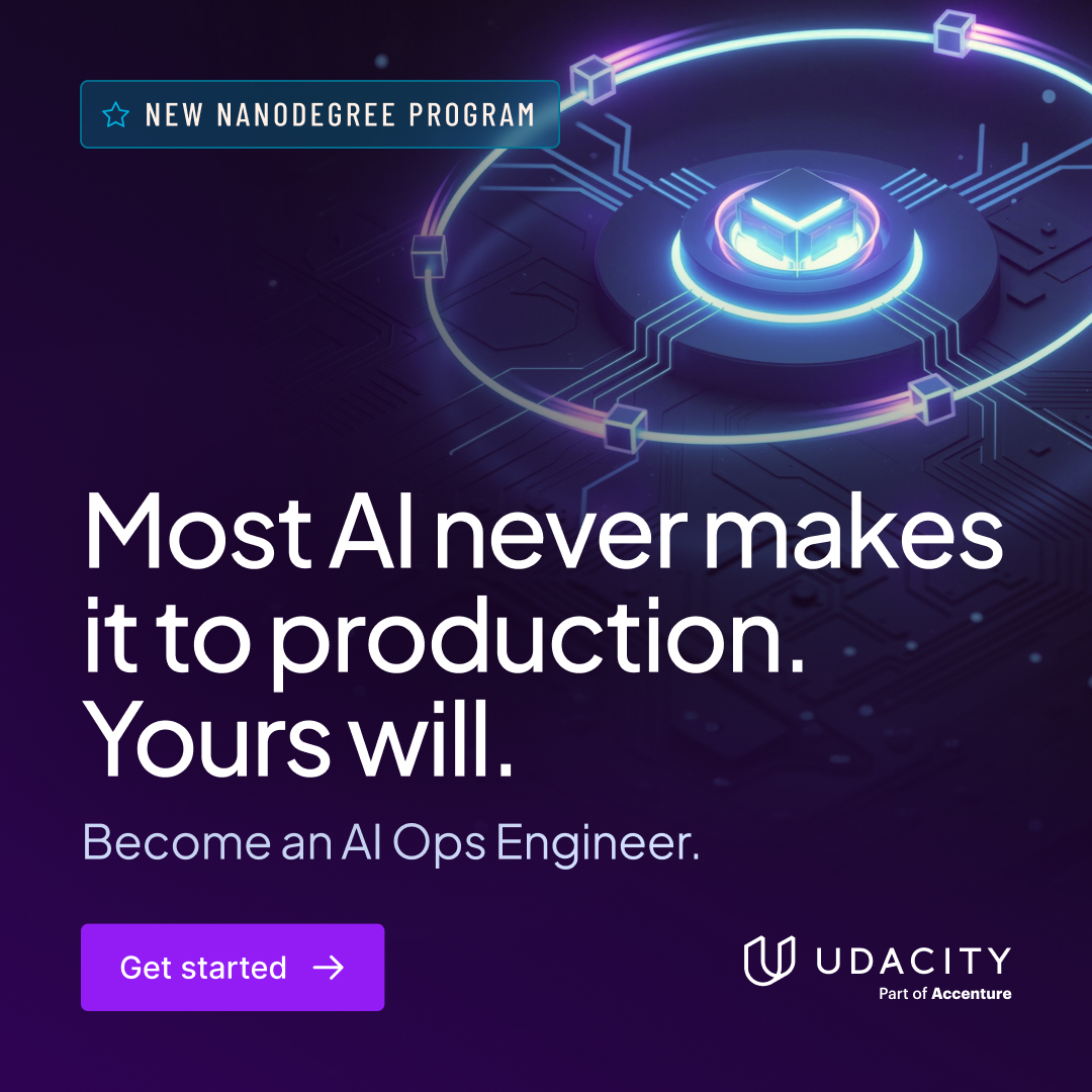 udacity's tweet photo. Most AI projects stall somewhere between "it works on my laptop" and production.

The skills that close that gap — versioning models, operating LLM applications at scale, running agents that don't fail silently — are what the new AI Ops Engineer Nanodegree program helps you build.

Three months. Three projects. A full production stack from MLOps through LLM Ops to agent operations.

Explore the program today → https://t.co/bPbvK9Uwlt