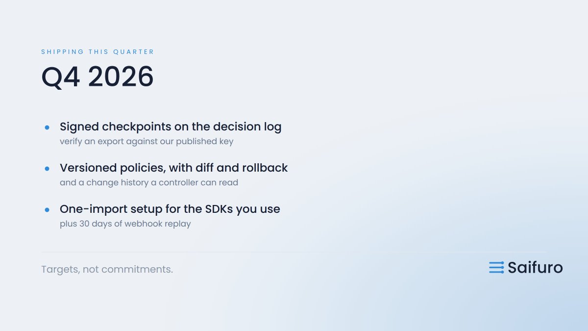 saifuro_finance's tweet photo. What we're shipping this quarter. Verification you can run yourself, policies you can version and roll back, and setup that takes an afternoon.

roadmap: https://t.co/aE6YMFJfwg https://t.co/I3zcIxXoz8