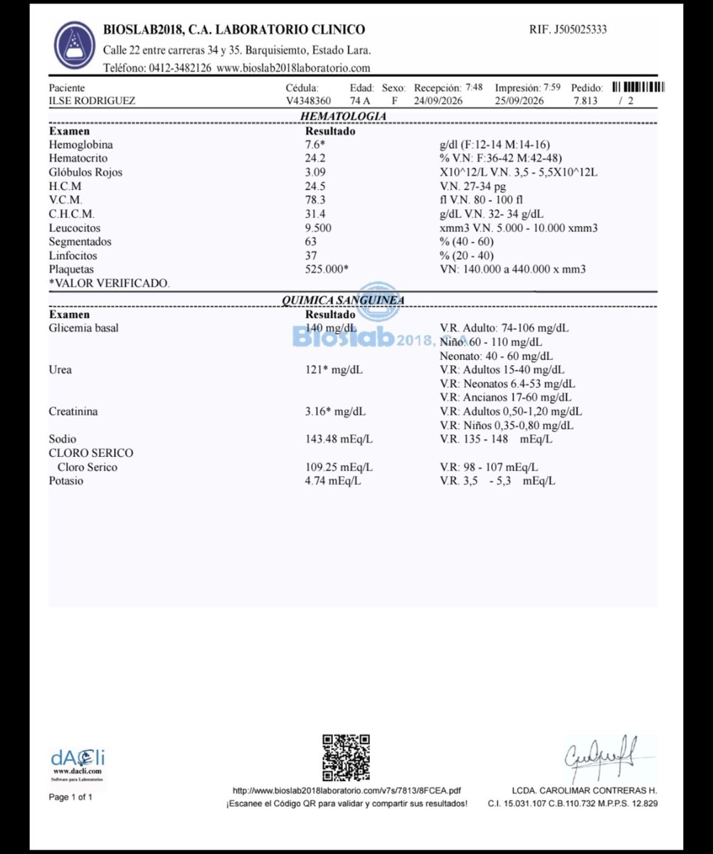 SamuelAndresmr's tweet photo. Buenas tardes 🙋🏽‍♂️ por favor algun medico urologo que me ayude con estos resultados 🙏 ella es una abuela vecina que tiene insuficiemcia renal cronica 🙏 me sentiria agradecido 🙏 https://t.co/ad81pgye43