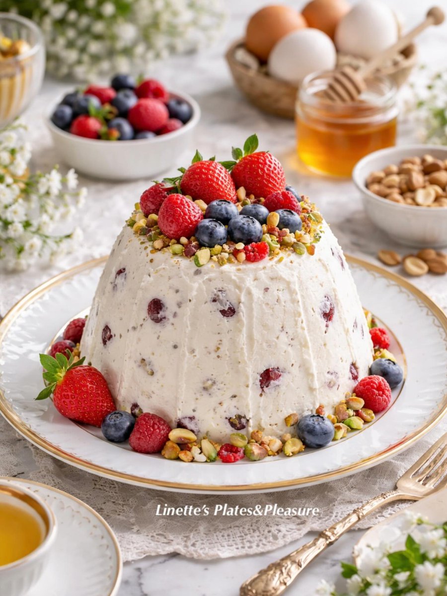 BridgetteMaxham's tweet photo. The Easter dessert everyone will ask about: creamy, no-bake cottage cheese paska. High in protein, naturally sweet, and topped with berries and nuts. Blend, mix, chill, and enjoy—no refined sugar or baking required. https://t.co/ieKyrfwVuW