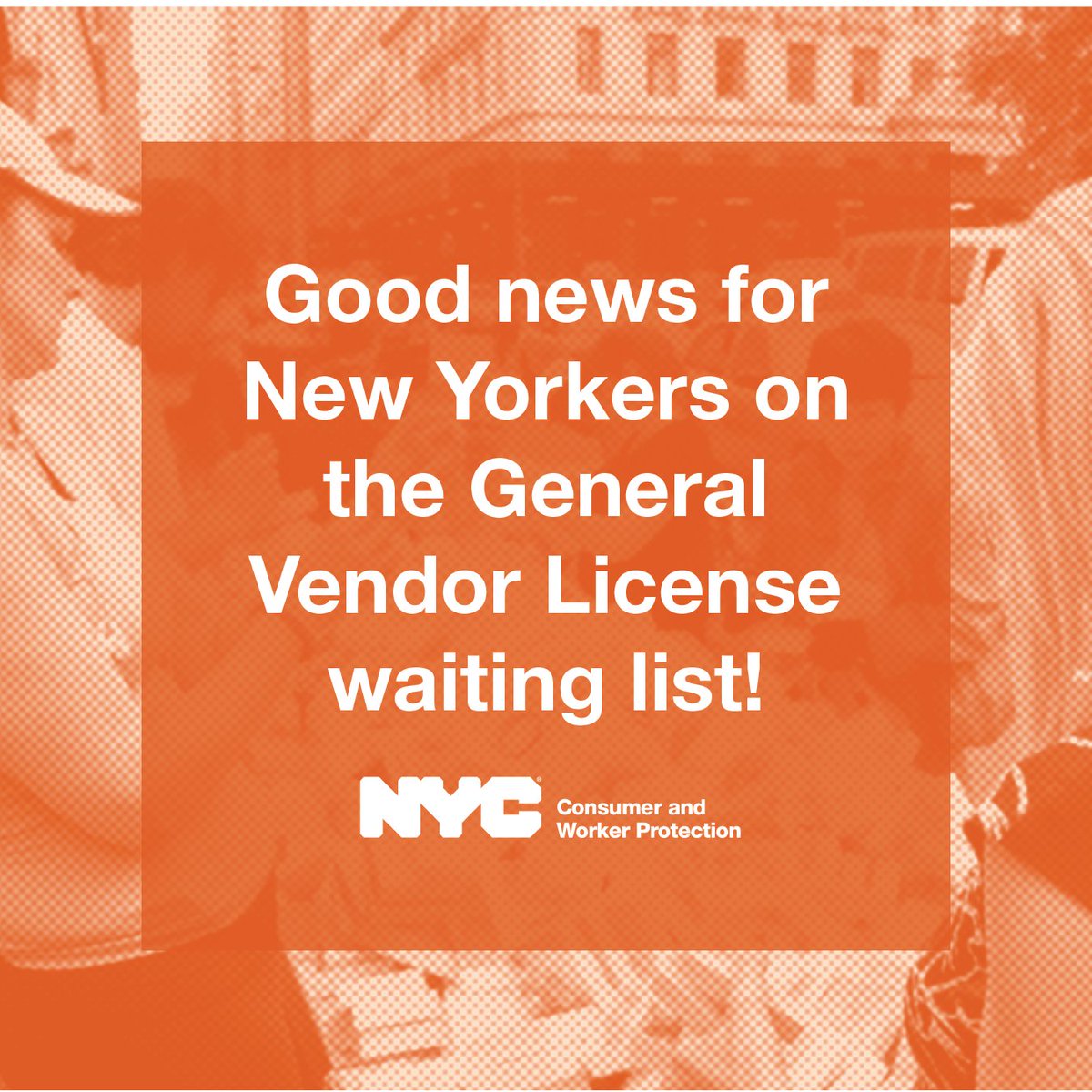 helloDCWP's tweet photo. Stuck waiting on NYC’s general vendor waitlist? Good news!

If you heard from DCWP, you have until October 29 to submit an application for a new General Vendor license.

@NYC_SBS can help with your application for FREE! Learn more at https://t.co/bGvBv8XzuX https://t.co/msXwcgTNqN