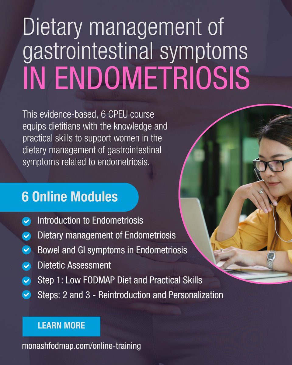 MonashFODMAP's tweet photo. GI symptoms are a common and distressing challenge faced by individuals living with endometriosis.
We are proud to offer our specialised online course designed for dietitians and healthcare professionals. 

https://t.co/XXW1FkA97s https://t.co/8xN8LvPt2D