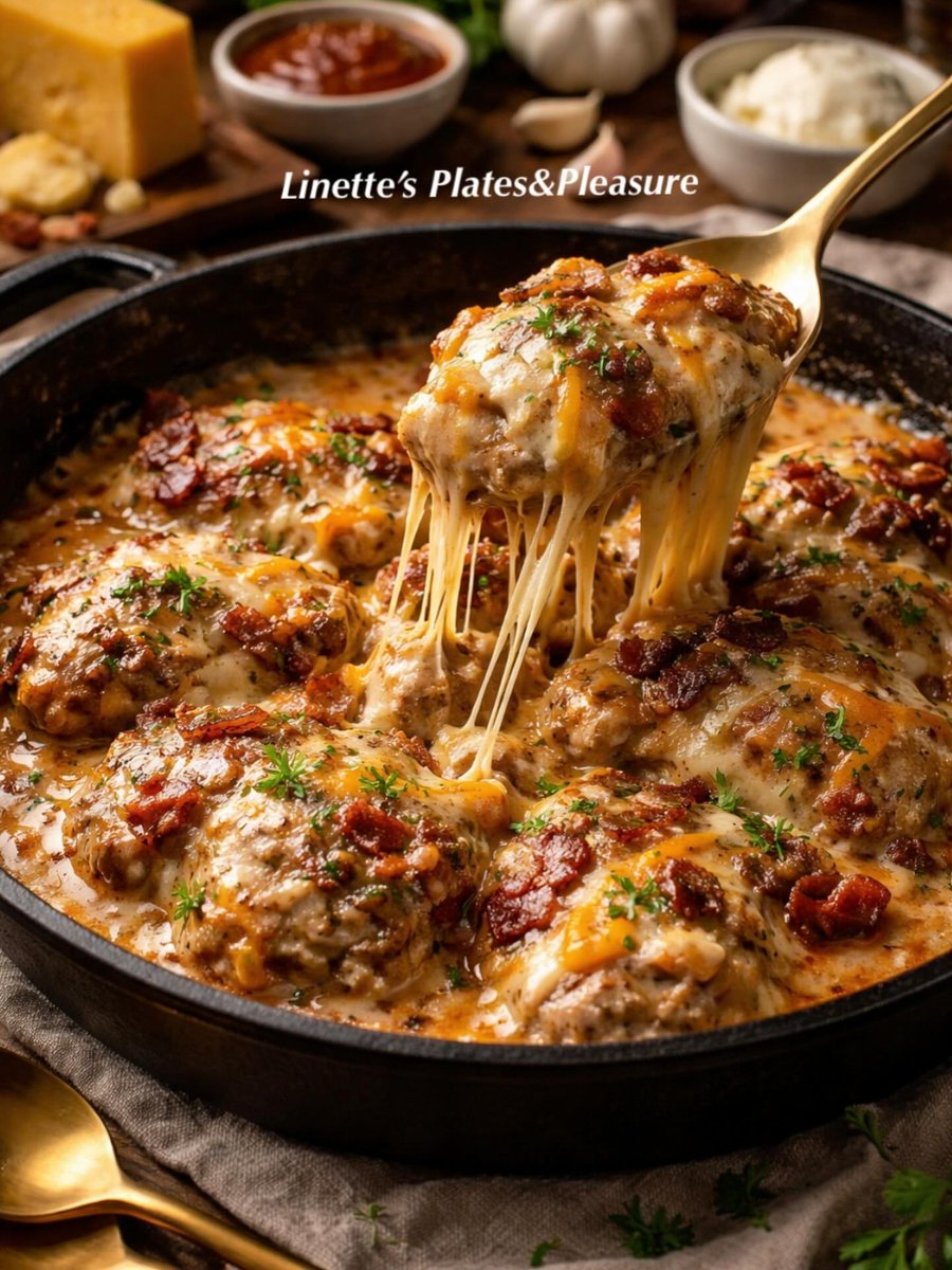 BridgetteMaxham's tweet photo. Ultra Dirty Cheesy Bacon Chicken: creamy, cheesy, bacon-loaded comfort food. Pan-sear chicken, then simmer with garlic, cream, cream cheese, BBQ sauce, mozzarella, cheddar, and crispy bacon. Serve hot and messy. https://t.co/uYiWwWa4LW