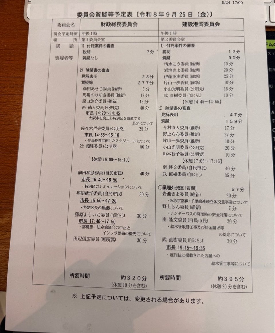 ytsuji2001's tweet photo. 昨日の財政総務委員会。
68件の陳情が審査されましたが、採択されたのは、わずか1件。
それも「大阪市廃止」というべきではないという吉村知事の意向に沿う内容の陳情でした。

都構想関連の質疑は、維新の藤田議員5分、原口議員12分。計17分。しかも見解表明のみ。

大阪市の廃止まで伴う制度変更をめぐり、多くの市民から寄せられた陳情です。丁寧な対応が必要だと思いました。

昨日の委員会を、メディアはどう報じるのでしょうか。