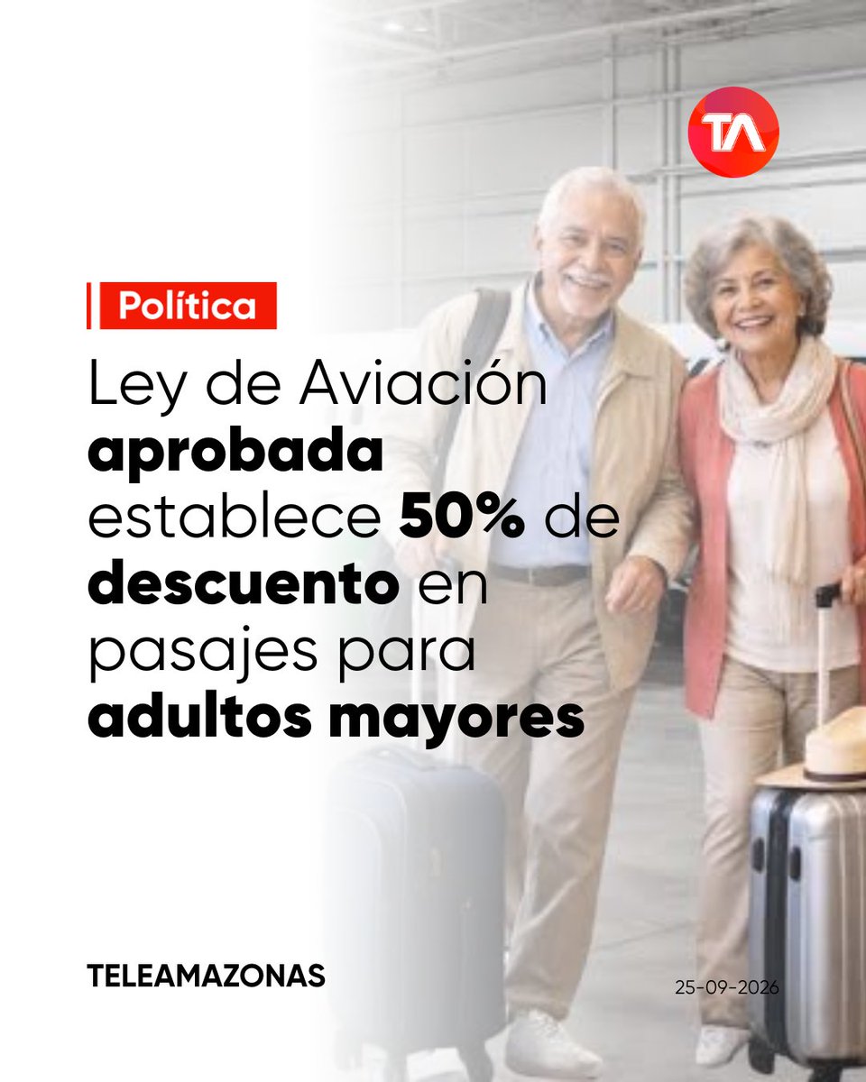 teleamazonasec's tweet photo. ✈️ https://t.co/0vpx0cmZi4 👉 La Asamblea Nacional aprobó la nueva Ley de Aviación Civil que otorga un 50% de descuento en pasajes aéreos para adultos mayores y personas con #discapacidad. https://t.co/DsdbYRPHi0