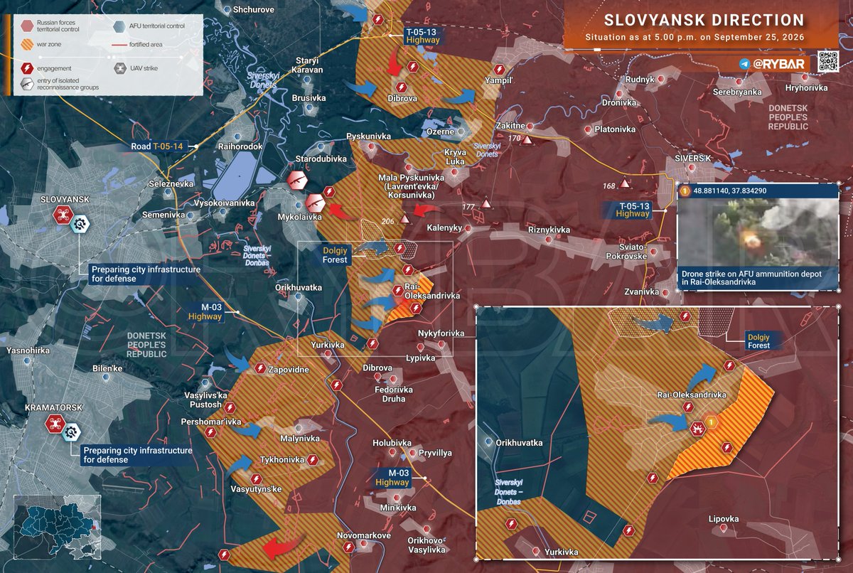 dana916's tweet photo. 🇷🇺⚔️🇺🇦Counterattacks near the canal

The repercussions of issues in the Lyman sector have spread to adjacent areas, threatening the northern flank of the "South" Group of Forces, where the enemy is pressing counterattacks on the approaches to Sloviansk.

The fiercest fighting is unfolding near Rai-Oleksandrivka. Footage circulating online shows AFU units attempting to establish a foothold in the southern part of the settlement, gradually setting up positions and ammunition depots within the built-up area.

Russian forces still control the village's eastern outskirts; however, routes for moving up reserves from the direction of Reznykivka are vulnerable to strikes by enemy UAV units. It is highly likely the AFU will attempt to retake the Dolgiy Forest to gain direct fire control over the area.

Further south, Ukrainian formations are attacking positions along the Yurovka–Tikhonovka line, aiming to align the front with the Siverskyi Donets–Donbas Canal. A vast "gray zone" has persisted in this sector for some time, and the Russian military's stable presence west of the canal is limited to three relatively narrow salients.

❗️The enemy's advance is limited in scale and comes at the cost of heavy personnel losses. Nevertheless, it is clear that for any further offensive on Sloviansk, the "South" Group of Forces must bolster its supply lines and adapt to the new threat emerging on its northern flank.

While this may delay a potential assault on the city, it will help mitigate the risk of the AFU expanding its penetration into Russian lines - a scenario with consequences we have witnessed before.

rybar