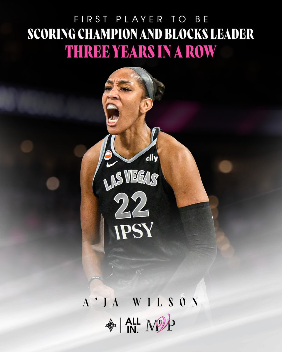 LVAces's tweet photo. 𝐇𝟑𝐑 𝐒𝐓𝐎𝐑𝐘 👏✨

A'ja Wilson is the first player to lead the WNBA in scoring and blocks for three seasons in a row.

@wnba // #ALLINLV https://t.co/AXIuIPOm5B
