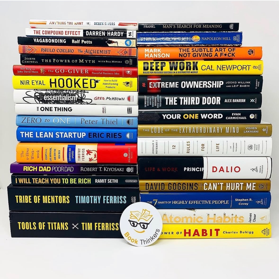 bookthinkers's tweet photo. 30 books that can absolutely change your life.

Tools of Titans by Tim Ferriss
Tribe of Mentors by Tim Ferriss
I Will Teach You to Be Rich by Ramit Sethi
Rich Dad Poor Dad by Robert Kiyosaki
The 4-Hour Workweek by Tim Ferriss
The Lean Startup by Eric Ries
Zero to One by Peter Thiel
The ONE Thing by Gary Keller
Essentialism by Greg McKeown
Hooked by Nir Eyal
The Go-Giver by Bob Burg
The Power of Myth by Joseph Campbell
The Alchemist by Paulo Coelho
Vagabonding by Rolf Potts
The Compound Effect by Darren Hardy
Anything You Want by Derek Sivers
The Power of Habit by Charles Duhigg
Atomic Habits by James Clear
The 7 Habits by Stephen Covey
Can’t Hurt Me by David Goggins
Principles by Ray Dalio
12 Rules for Life by Jordan B. Peterson
Code of the Extraordinary Mind by Vishen Lakhiani
Your One Word by Evan Carmichael
The Third Door by Alex Banayan
Extreme Ownership by Jocko Willink
Deep Work by Cal Newport
The Subtle Art by Mark Manson
Think and Grow Rich by Napoleon Hill
Man’s Search for Meaning by Viktor Frankl