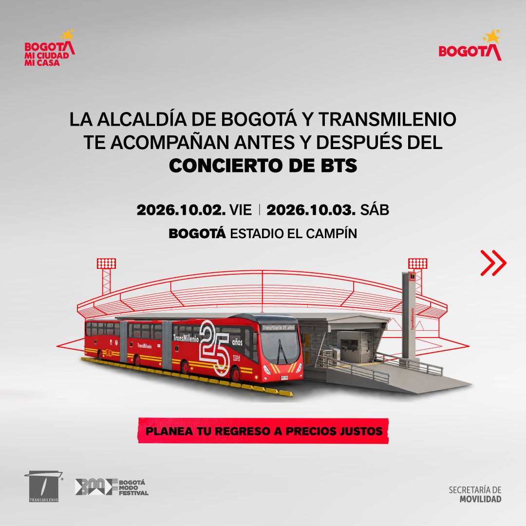TransMilenio's tweet photo. Si vas al concierto de BTS en Bogotá, planea tu llegada y, sobre todo, tu regreso con TransMi 🚌✨

Encontrarás servicios troncales y zonales para salir del sector de El Campín, además de rutas especiales desde las estaciones Campín–UAN y Movistar Arena.

📲 Recarga tu TuLlave, revisa tu ruta y ten todo listo para disfrutar y volver a casa.

Nos vemos en el concierto, ARMY💜 #TransMiModoArmy @ARMYBogotaCol
