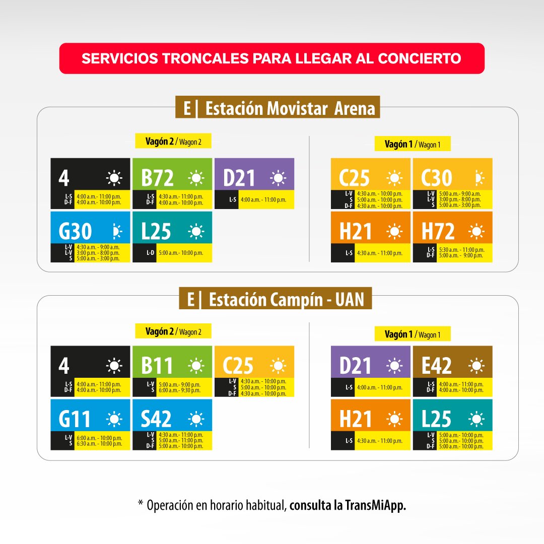 TransMilenio's tweet photo. Si vas al concierto de BTS en Bogotá, planea tu llegada y, sobre todo, tu regreso con TransMi 🚌✨

Encontrarás servicios troncales y zonales para salir del sector de El Campín, además de rutas especiales desde las estaciones Campín–UAN y Movistar Arena.

📲 Recarga tu TuLlave, revisa tu ruta y ten todo listo para disfrutar y volver a casa.

Nos vemos en el concierto, ARMY💜 #TransMiModoArmy @ARMYBogotaCol