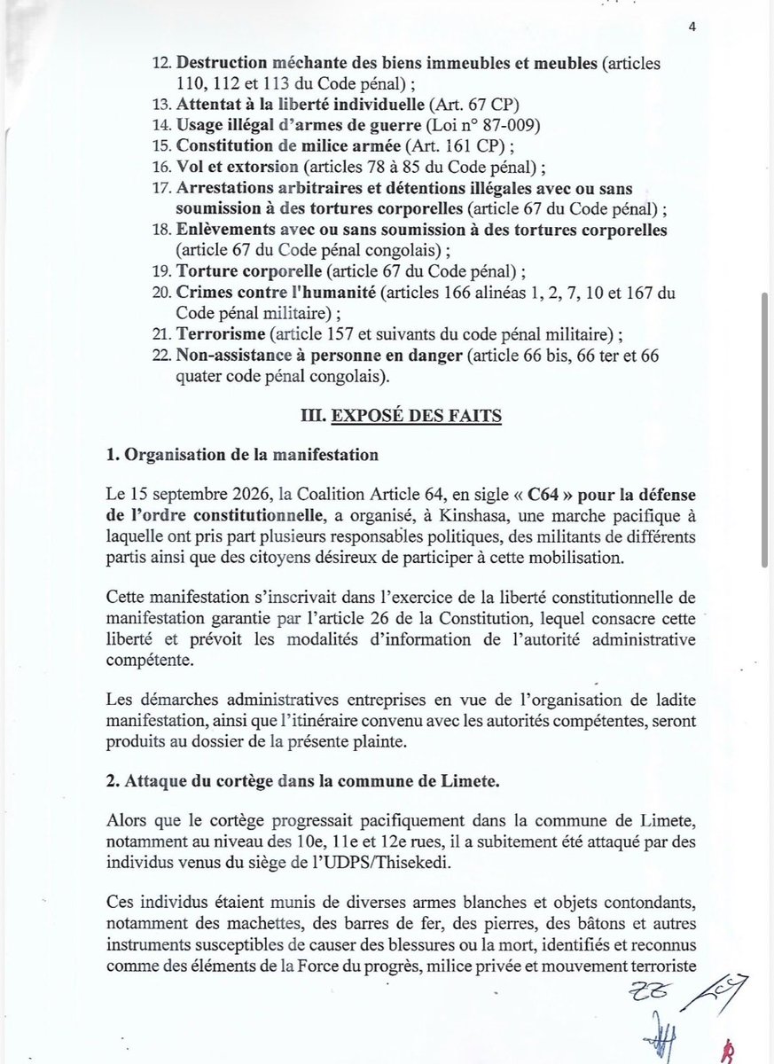 baelenge_irenge's tweet photo. #RDC : Une plainte collective a été déposée le 25 septembre auprès de l'Auditeur général près la Haute Cour militaire par la Coalition Article 64 (C64), après l'attaque du cortège de leur marche pacifique du 15 septembre à Limete. Bilan : 1 mort (Manassé Lomboto Bomengola), plusieurs blessés dont un garde du corps de @MartinFayulu. La plainte vise notamment le ministre de l'Intérieur @shabani_lukoo , le gouverneur @daniel_bumba_01 , et @AugustinKabuyaT, SG de l’UDPS, accusé d'avoir mobilisé la « Force du Progrès ».