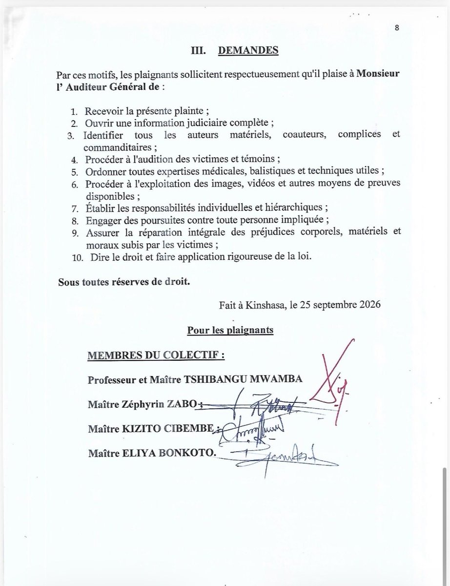 baelenge_irenge's tweet photo. #RDC : Une plainte collective a été déposée le 25 septembre auprès de l'Auditeur général près la Haute Cour militaire par la Coalition Article 64 (C64), après l'attaque du cortège de leur marche pacifique du 15 septembre à Limete. Bilan : 1 mort (Manassé Lomboto Bomengola), plusieurs blessés dont un garde du corps de @MartinFayulu. La plainte vise notamment le ministre de l'Intérieur @shabani_lukoo , le gouverneur @daniel_bumba_01 , et @AugustinKabuyaT, SG de l’UDPS, accusé d'avoir mobilisé la « Force du Progrès ».