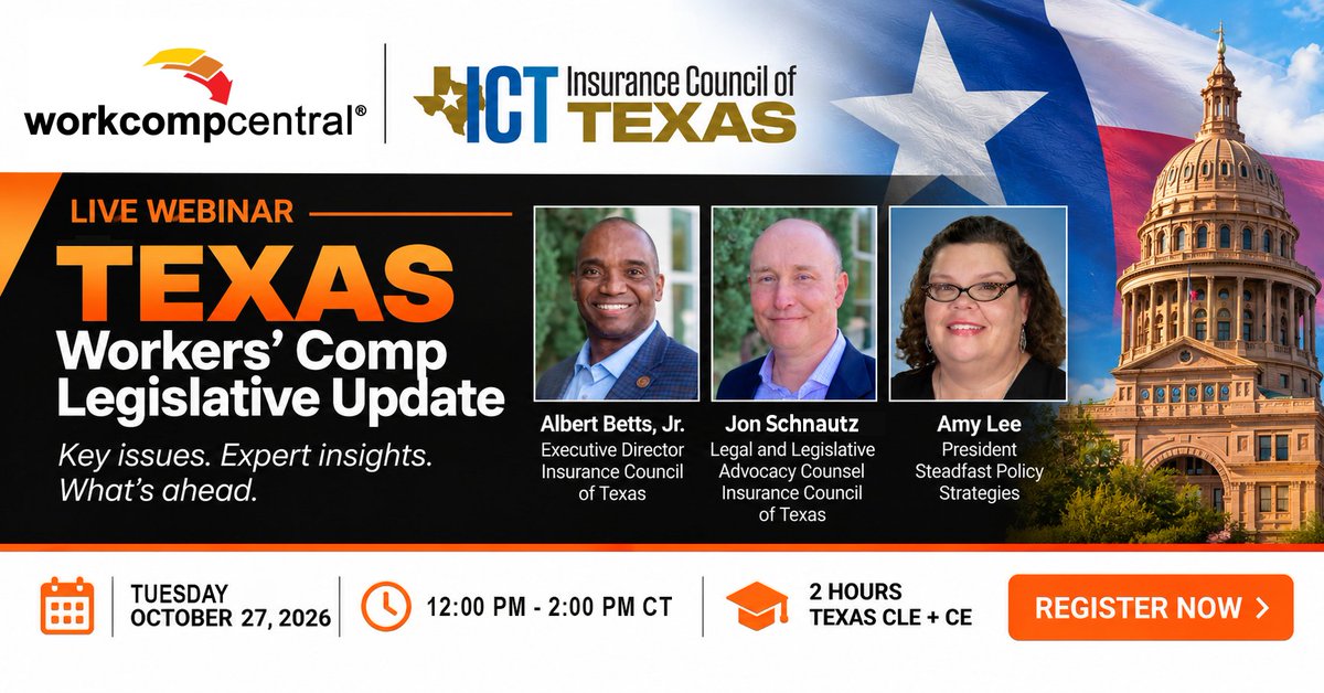 WorkCompCentral's tweet photo. What should Texas workers’ comp professionals be watching?

Join Albert Betts, Jr., Jon Schnautz &amp; Amy Lee on Oct. 27 for a look at legislative developments, AI in utilization review, tort reform &amp; more.

⏰ 12 PM - 2 PM CT
🎓 2 TX CLE + CE

Register: https://t.co/YJDopFkDtM https://t.co/dILyOJ3vhA