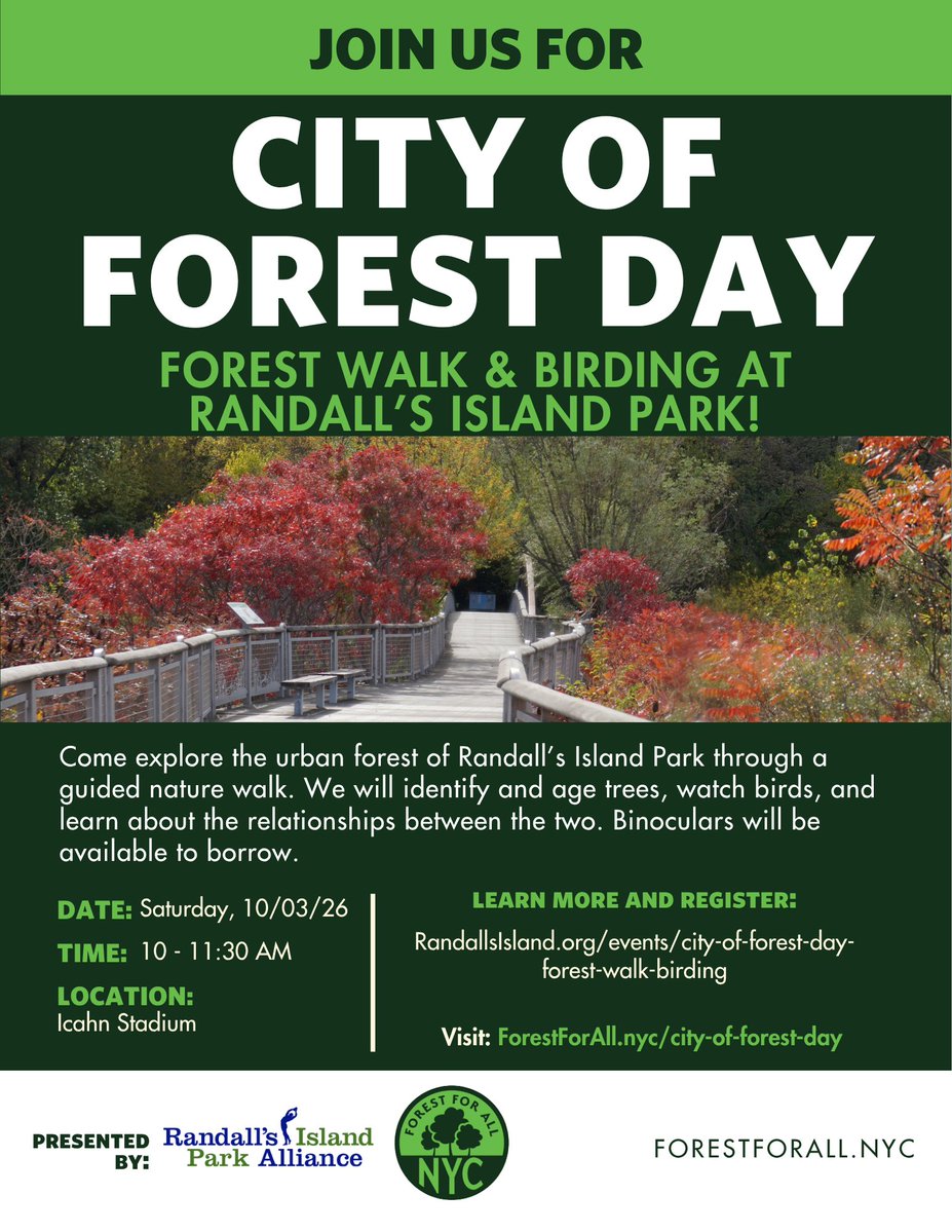 randallsisland's tweet photo. We’re joining @ForestforAllNYC  and orgs across NYC for #CityofForestDay2026 on 10/3!

Join us at Randall's Island Park from 10 - 11:30 AM to connect with the urban forest! We’ll be going on a forest walk and watching birds.

Details &amp; registration: https://t.co/oNb0XsULRo https://t.co/b3FuqqEIlx