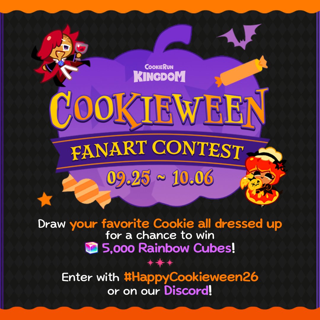 CRKingdomEN's tweet photo. It's SPOOKY season and your favorite Cookies need costumes for Halloween! 🎃🧟‍♂️

📌 Deadline: 10/6/2026 at 5:00 PM PT
📌 Judging period: 10/7/2026 ~ 10/8/2026
📌 Winners announced: 10/9/2026
📌 Reward: 8 winners will receive 5,000 Rainbow Cubes!

📜 How to participate:
1. Review the Important Information doc located here: https://t.co/9UoBxiqWV0
2. Draw your favorite Cookie dressed up in a Halloween costume!
3. Post your fan art on X/Twitter or Instagram with #HappyCookieween26 OR in our official Discord server: https://t.co/wFl6bClU95

We can't wait to see all your beautiful art! Good luck, Cookie Runners! 👻

#CookieRun #CookieRunKingdom #Cookieween