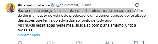 AnaliseEnergia's tweet photo. Ministro anuncia bandeira verde na conta de luz para outubro (sem cobrança adicional).
Quem define e divulga bandeiras é a ANEEL.  No site da agência ainda não saiu a informação
Ministro decidiu se antecipar e tomar a frente na divulgação desta vez. Interessante... https://t.co/LjFTutZhuF