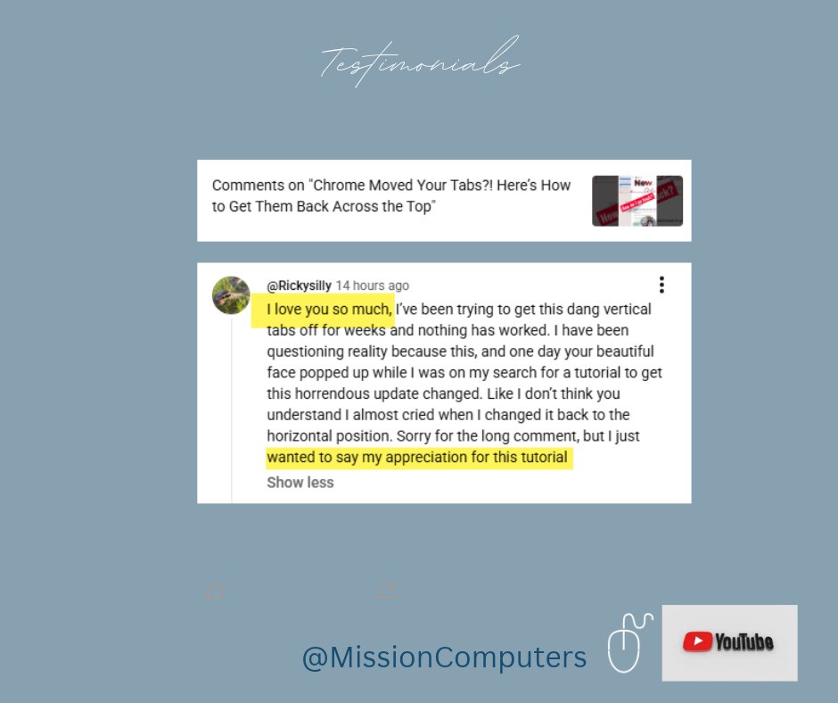 missioncompute's tweet photo. When a Chrome update moved tabs to the side of the screen, Ricky tried for weeks to get them back across the top, with no luck.
Technology changes quickly, but you shouldn’t have to feel frustrated or stuck...
https://t.co/LNymER598g
#GoogleChrome #ChromeTips #ComputerTips https://t.co/ioQGJ2UDEC