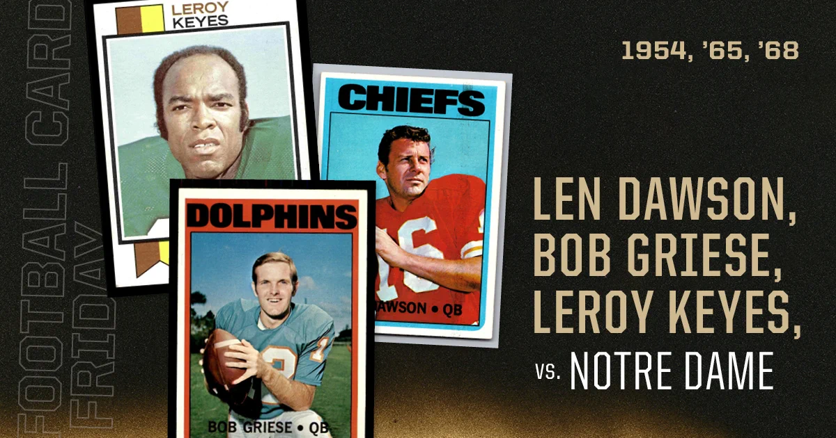 Three vintage football cards are displayed. The cards feature Leroy Keyes, Bob Griese, and Len Dawson, all in their sports uniforms. Text on the right highlights "Len Dawson, Bob Griese, Leroy Keyes vs. Notre Dame," with years 1954, '65, '68 mentioned. The background has a dark theme with "Football Card Friday" text.