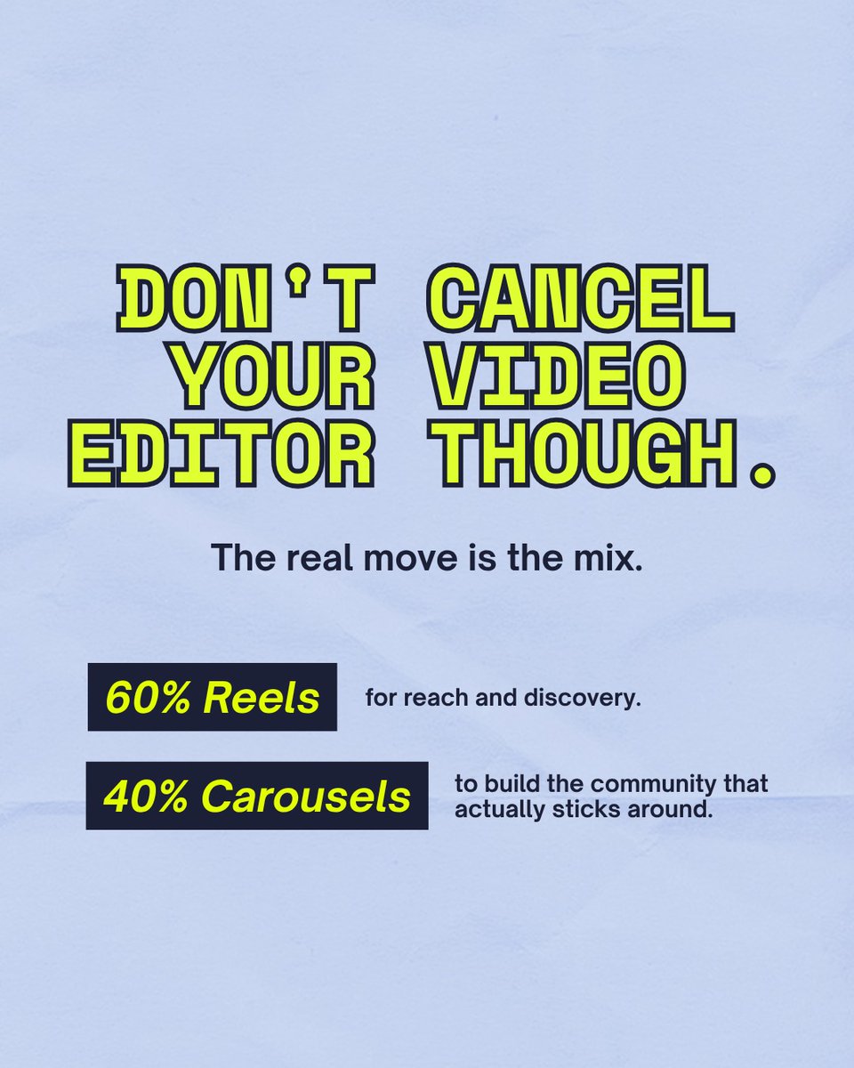 ClintPanza1y's tweet photo. Instagram used to be obsessed with Reels. But 2026 data shows carousels quietly outperforming Reels by 3% in engagement. Reels drive discovery. Carousels build loyalty through saves, shares, and deeper engagement. The winning strategy? Use both: https://t.co/vORWuC44mm