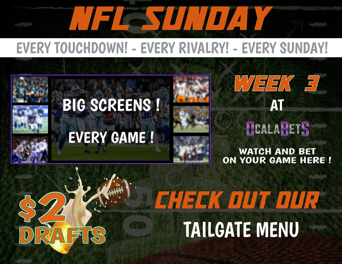 OcalaBets's tweet photo. NFL Sunday excitement!
Catch every touchdown on the big screens at Ocala Bets! $2 drafts and a tailgate menu thatโs game-day ready. Donโt miss the action! ๐๐บ
#NFLSunday #GameDayVibes #TailgateFun #OcalaBetS https://t.co/32PVgP8Ent