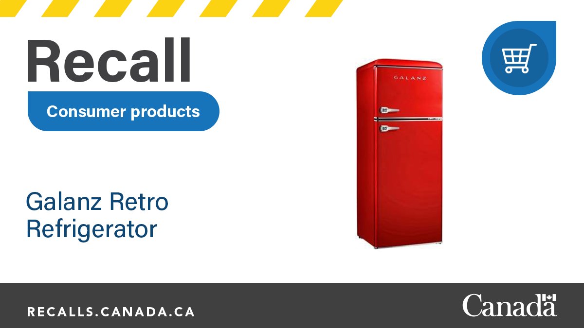 GovCanHealth's tweet photo. #Recall: Do you own a Galanz Retro Refrigerator? The product can short circuit and ignite, posing a fire and burn hazard. Stop use immediately and unplug. 
For next steps: https://t.co/UrfKIoCQrx https://t.co/sJhRqL8CBy