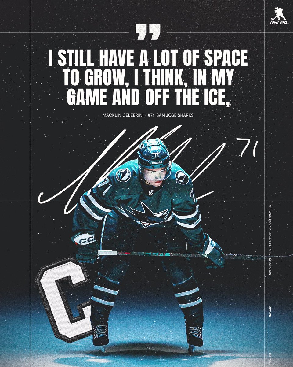 NHLPA's tweet photo. Captain Celebrini reporting for duty 🦈
 
Congratulations to Macklin Celebrini being named the youngest captain in @SanJoseSharks history! https://t.co/oHZang66yS