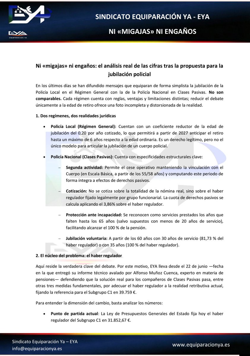 NatanEspinosa2's tweet photo. Análisis real de @EYAPolicia sobre la propuesta de la SES sobre jubilación

2026 Clases Pasivas
👉31.852,67€ Grupo C1

Propuesta 2027
👉cerca de 39.000€

💰≈+510 € brutos/mes 14 pagas

🔴Grupo A2 Pensión máxima
 
Los veteranos no pueden esperar
11N Fecha clave
#EquiparacionYa https://t.co/lmQMtSWv1c