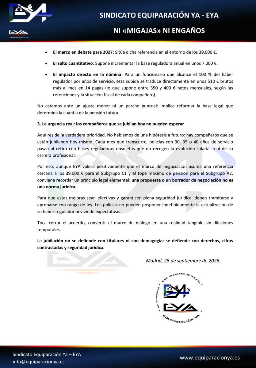 NatanEspinosa2's tweet photo. Análisis real de @EYAPolicia sobre la propuesta de la SES sobre jubilación

2026 Clases Pasivas
👉31.852,67€ Grupo C1

Propuesta 2027
👉cerca de 39.000€

💰≈+510 € brutos/mes 14 pagas

🔴Grupo A2 Pensión máxima
 
Los veteranos no pueden esperar
11N Fecha clave
#EquiparacionYa https://t.co/lmQMtSWv1c