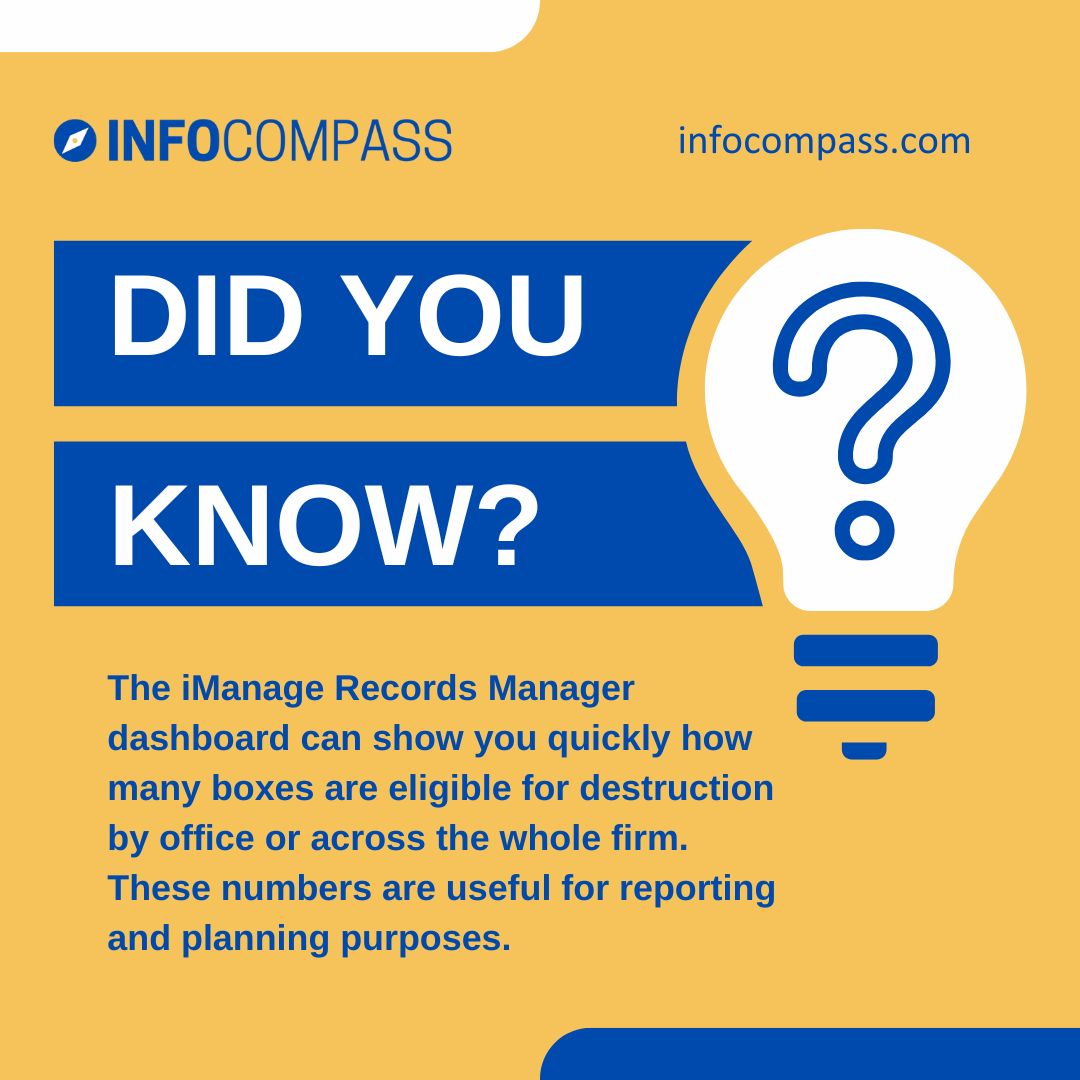 InfoCompassInc's tweet photo. iManage Records Manager dashboard shows quickly how many boxes are eligible for destruction by office or across the whole firm. Let #InfoCompass show you.
https://t.co/DnM09il6zY
#IRMExperts #IRMImplementers #iManage #InfoGov #InformationGovernance #InfoSec #lawfirms #law #ARMA https://t.co/H7Mtoo7FbA