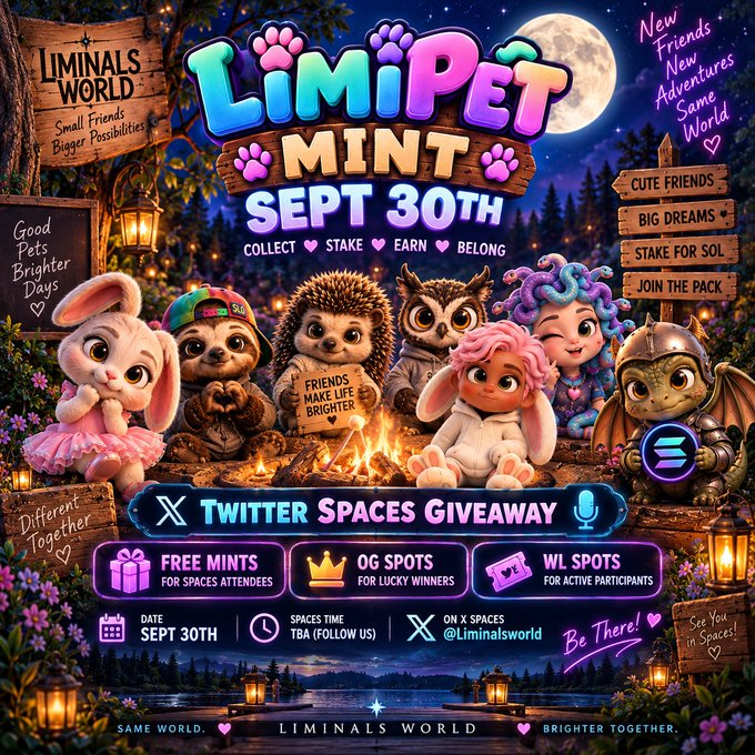 liminalsworld's tweet photo. Very happy to announce we will be Minting LimiPets on September 30th! There is still time to submit your wallet for those holding Liminals-10 Liminals gets you a free mint! A 1/1 also gets you a free mint! OG and WL spots are available! Contest winners get free mints! https://t.co/RqqSpL6fWt