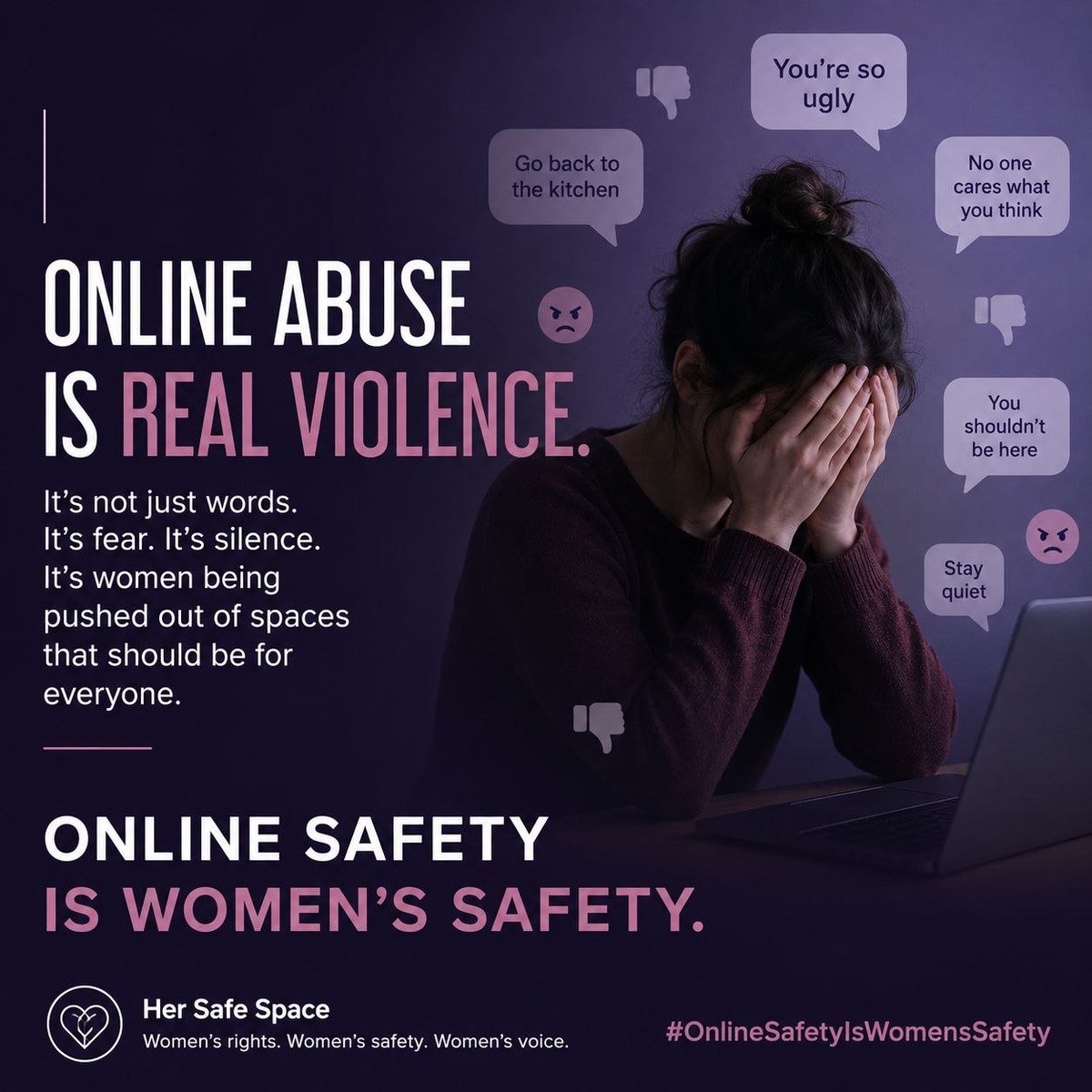 HerSafeSpace282's tweet photo. A woman’s online life should not come with a safety warning.
From misogynistic abuse to stalking and image-based abuse, online violence is affecting how women experience digital spaces.
Safety online is not a privilege. It’s part of equality.
#OnlineSafety https://t.co/YRJ1bNGWYE