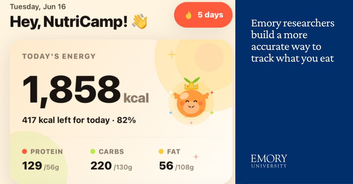 EmoryUniversity's tweet photo. Emory University researchers have developed NutriCamp, a dietary assessment app available on iOS and Android. Users can record what they eat through photos, text, or voice. 

🔗 A more accurate way to track what you eat: https://t.co/xIpI5IQc20

#Emory #EmoryUniversity https://t.co/X4kRrBclGf