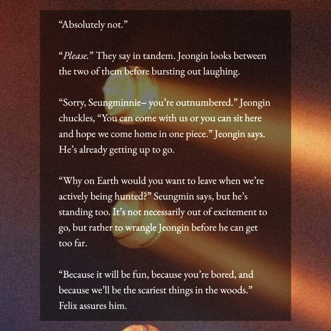 GH0STL1GHT's tweet photo. leave me in the dark: chapter 20

✶ skz werewolf au
✶ turned wolves, ot8, polyamorous pack
✶ felix pov, 15.3k

⚝ bokseungah learn a new skill in secret. the pack experiences their most public attack yet. 

🔗: https://t.co/AuvNYPI6a9 https://t.co/rh0Zt74P0Q