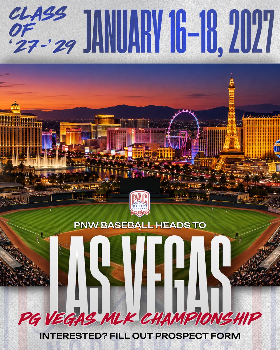 PNWBaseball's tweet photo. 🎰 LAS VEGAS

What happens in Vegas… might end up on GameChanger. 🎰⚾️

PNW Baseball is headed to Las Vegas for the Perfect Game Vegas Championships over MLK Weekend, and we’re building our 18U roster.

📅 January 16-18, 2027
📍 Big League Dreams Park & Desert Diamond
🏆 Perfect Game Vegas MLK Championships
⚾ 18U | Classes of 2027-2029

Invites are starting to go out. 👀

Want the opportunity to represent the PNW in Vegas? Fill out the Prospect Form at https://t.co/O9MBYOUAHp for the opportunity to be selected. 

#pacstrong #pnwbaseball #perfectgame #lasvegasbaseball