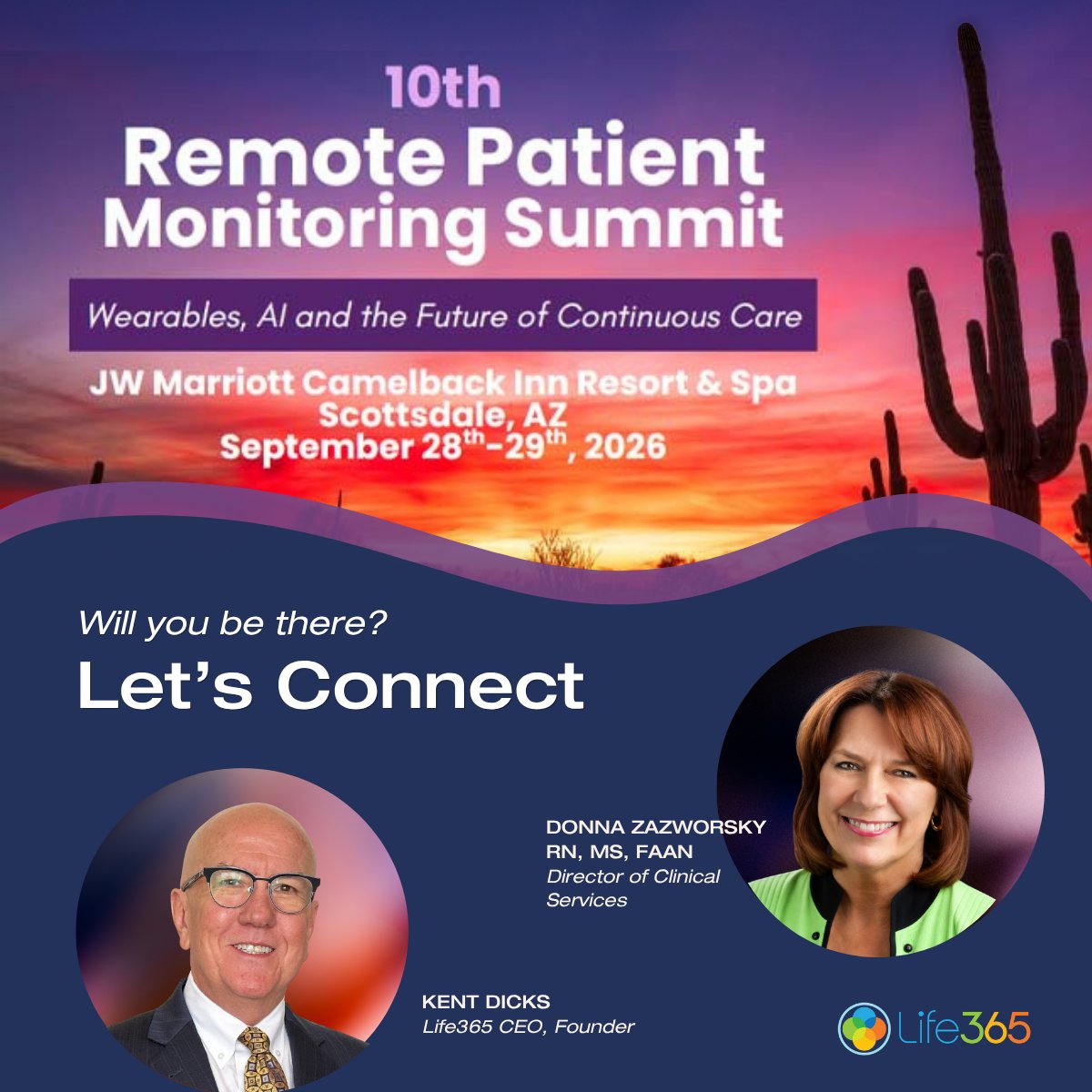Life365Inc's tweet photo. Sponsoring the 10th Remote Patient Monitoring Summit, Sept 28-29 in Scottsdale, AZ.

Don't miss Donna Zazworsky, RN, MS, CCM, FAAN Monday 11:15 AM. 
Kent Dicks, our CEO, will be there too.
Connect: https://t.co/flUbqfWPFt
Event: https://t.co/t3FFWzezqV
#RPM #DigitalHealth https://t.co/vReNgdbXaQ