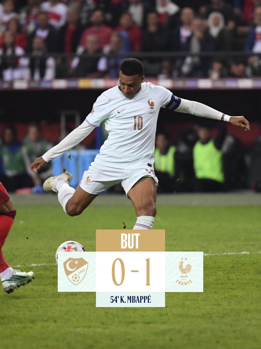 equipedefrance's tweet photo. BUT ! Ouverture du score pour nos Bleus signée @KMbappe 👊

Olise lance Mbappé en profondeur, qui contrôle et enchaîne rapidement premier poteau ! 

🇹🇷0-1🇫🇷 #TURFRA https://t.co/3d3svRZQqR