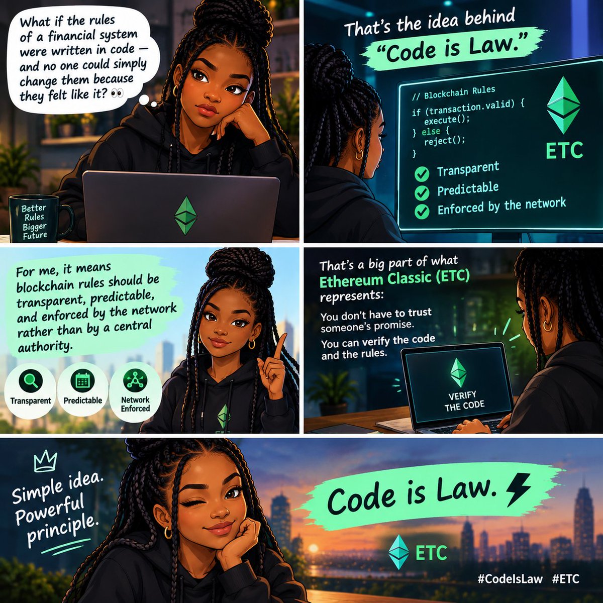 SHANTEL_5's tweet photo. What if the rules were written in code — not changed whenever someone felt like it?

That’s the idea behind “Code is Law”
For Ethereum Classic (ETC), it means transparent, predictable rules enforced by the network

Don’t just trust. Verify the code.
#CodeIsLaw #ETC @ETCGrantsDao https://t.co/6fyVtUKZQK