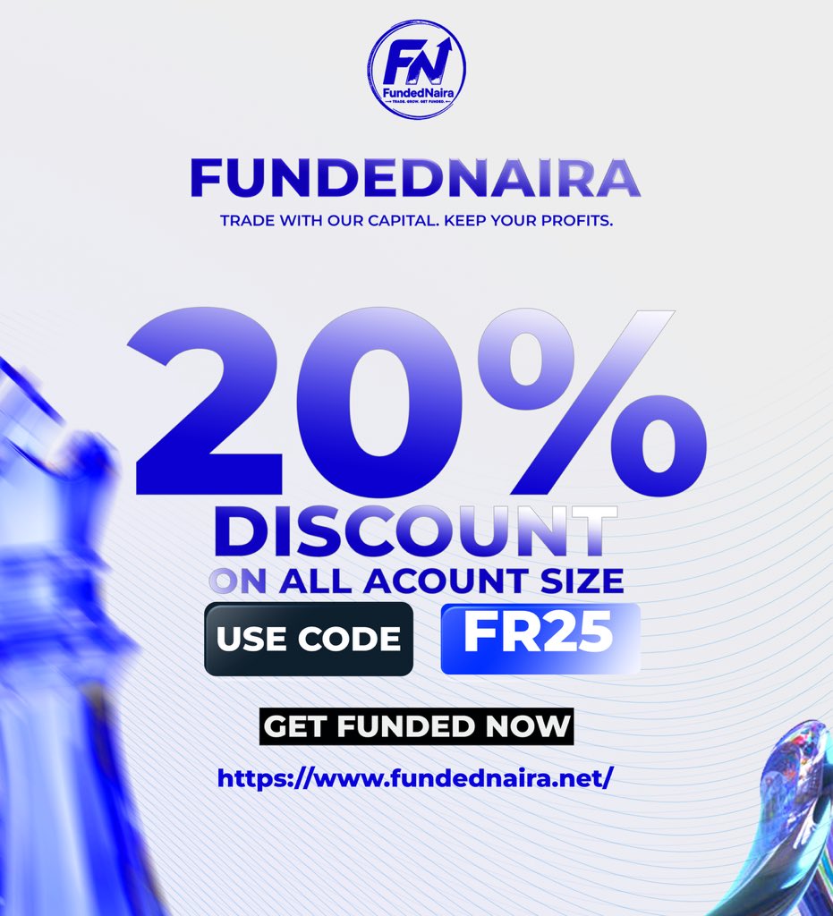 FundedNair8's tweet photo. Friday discount don come back o! 

Collect 20% discount for all account sizes. Dis offer na only for 24 hours, so no make am pass you o.

Visit our website: https://t.co/jiBCfaWJ44 and Grab yours now 🔥 https://t.co/s2DOfKtgwx