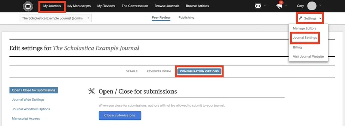 Screenshot of Scholastica journal settings showing the “Open / Close for submissions” section, blue close-submissions button, and settings menu.